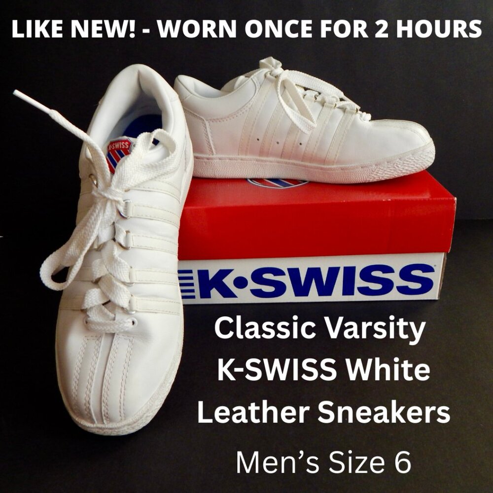 LIKE NEW! WORN 1x - MENS Classic Varsity K-SWISS White Leather Sneakers - Picture 1 of 7